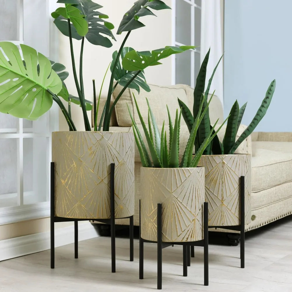 LuxenHome Planter Set of 3 – Modern Metal Flower Pots with Stands for Indoor Decor